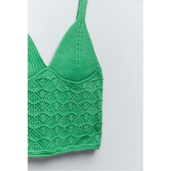 Zara Bright Green Crochet Sweater Knit Bustier V-Neck Crop Top Sz Large Stretch - Picture 5 of 9
